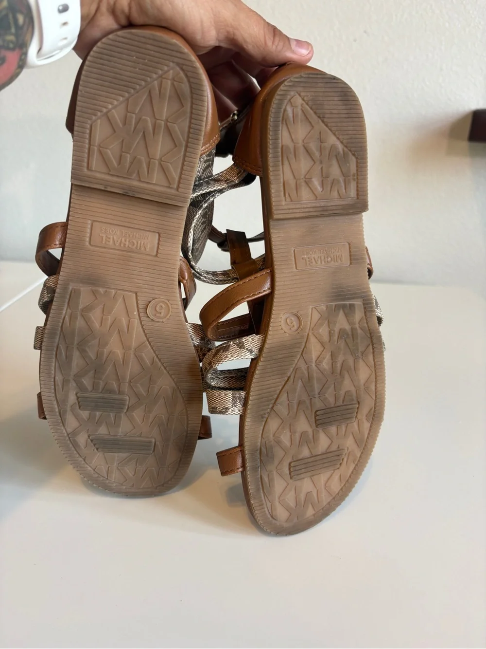 MICHAEL Michael Kors Tan Gladiator Sandals with Snake-Print Straps